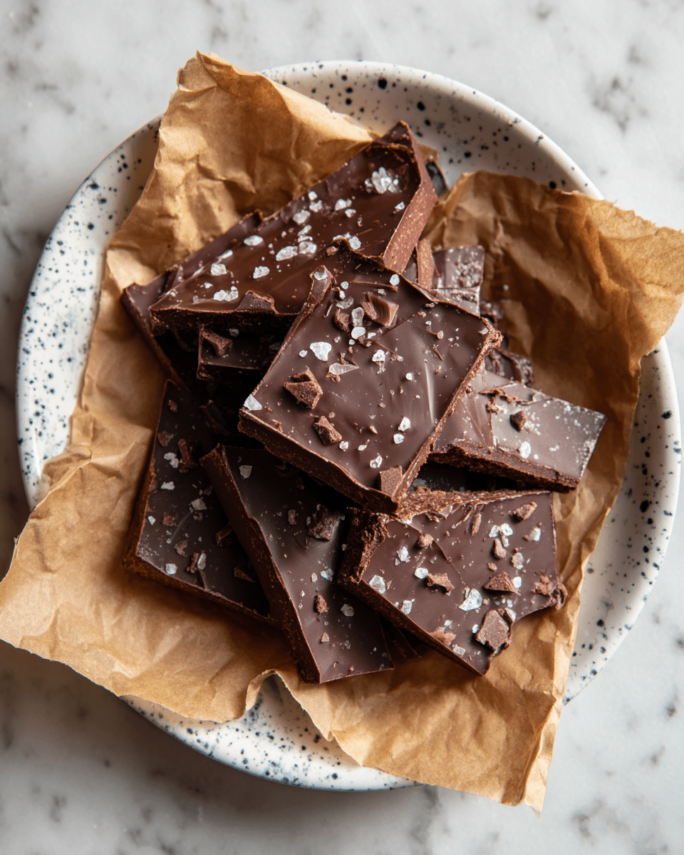Broken pieces of chocolate bark are arranged on crinkled brown parchment paper inside a white plate with blue speckles. The bark has two layers: a thick, smooth, dark chocolate top layer with scattered small chocolate chips and a rough, crumbly brown base layer. The pieces vary in size and shape, some showing small bits of salt on the top chocolate layer. The plate sits on a white marbled surface. photo taken with an iphone --ar 4:5 --v 7