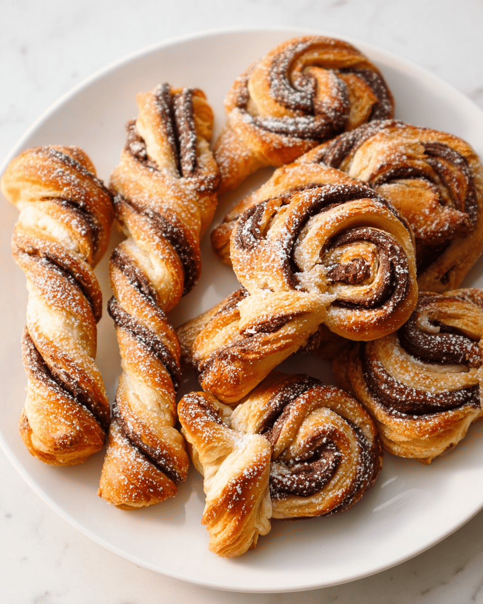 A white plate filled with swirled, twisted pastries showing two main shapes: tightly coiled spirals and long twisted sticks. Each pastry is golden brown with clear chocolate or dark brown filling stripes spiraled inside. The pastries have layers of flaky, crisp dough with visible folds and light powdered sugar dusted over them, adding a slight white contrast on the warm hues. The plate is placed on a white marbled texture background. photo taken with an iphone --ar 4:5 --v 7