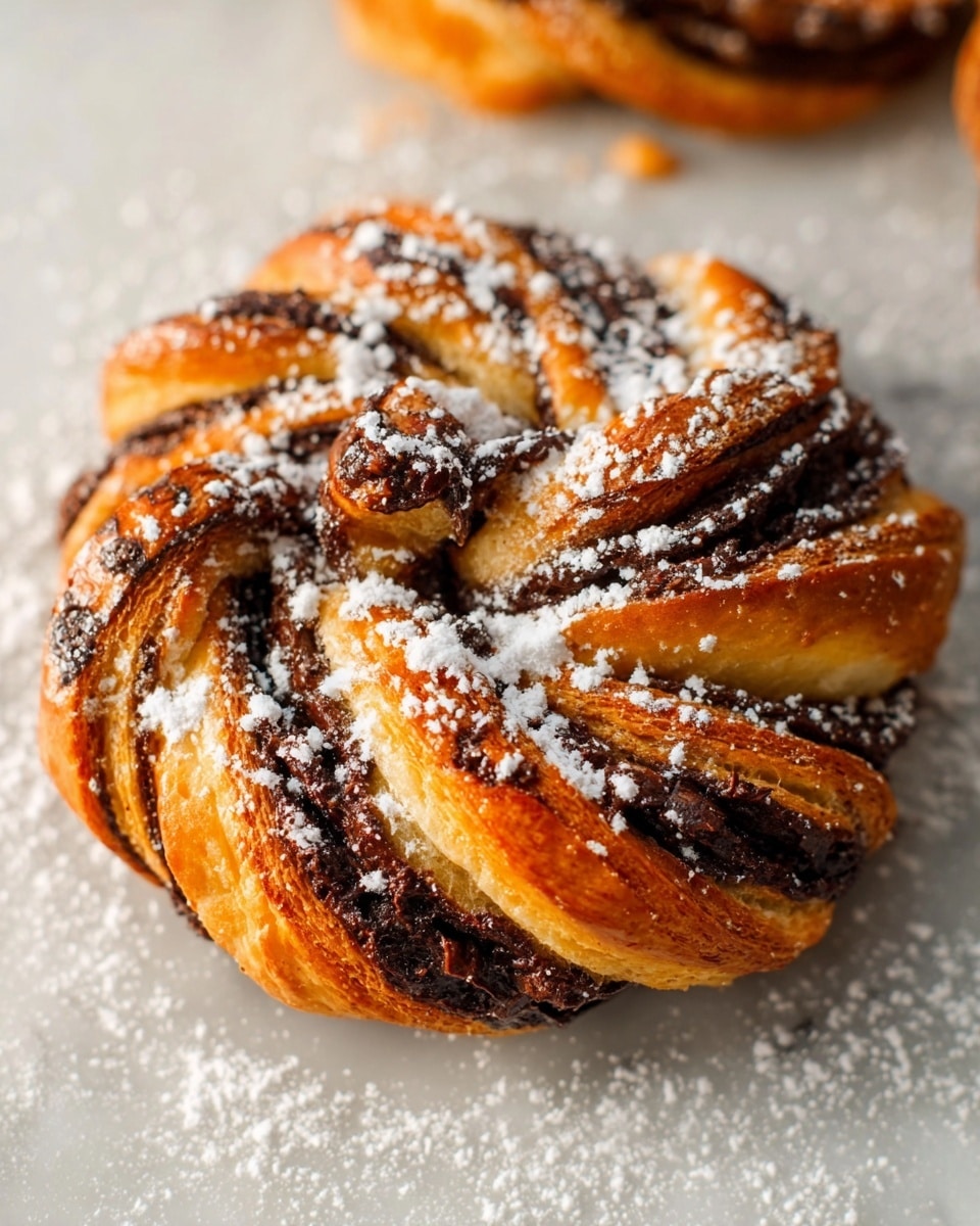 The image shows a close-up of a twisted pastry with multiple layers of golden-brown flaky dough intertwined with dark chocolate ribbons, creating a spiral effect. The top of the pastry is dusted with white powdered sugar, adding a light contrast to the rich colors. The dough layers look crisp and shiny, with a slight glaze giving a soft shine. The pastry sits directly on a white marbled textured surface with some scattered powdered sugar around it, enhancing the fresh baked feel. Photo taken with an iphone --ar 4:5 --v 7