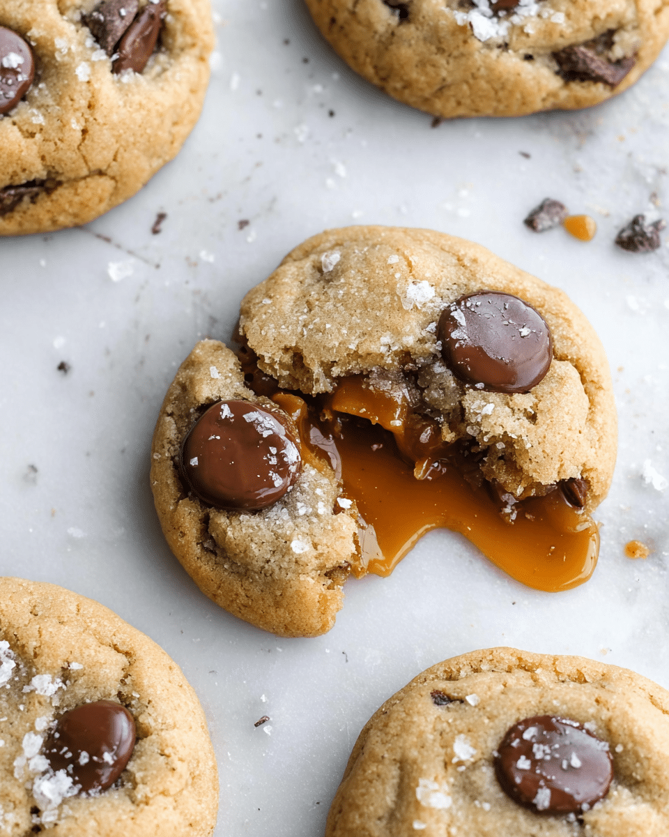 The image shows four round, soft chocolate chip cookies on a white marbled surface. One cookie is broken open in the center, revealing a thick, gooey caramel layer inside. The cookie dough is light golden brown with several large, glossy chocolate chips embedded on top and scattered around. Some coarse salt flakes are sprinkled on the cookies, adding texture. The cookies have a slightly cracked surface, showing their softness and chewiness. Photo taken with an iphone --ar 4:5 --v 7