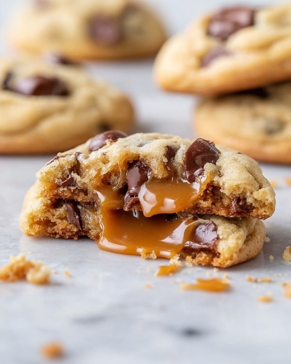 A close-up of a broken chocolate chip cookie showing its soft inside filled with gooey caramel. The cookie has a light golden-brown outer layer with visible dark chocolate chips scattered inside and on top. The gooey caramel layer is thick and shiny, oozing from the center. The cookie rests on a white marbled surface with some crumbs around it, and blurred cookies are seen in the background. Photo taken with an iphone --ar 4:5 --v 7