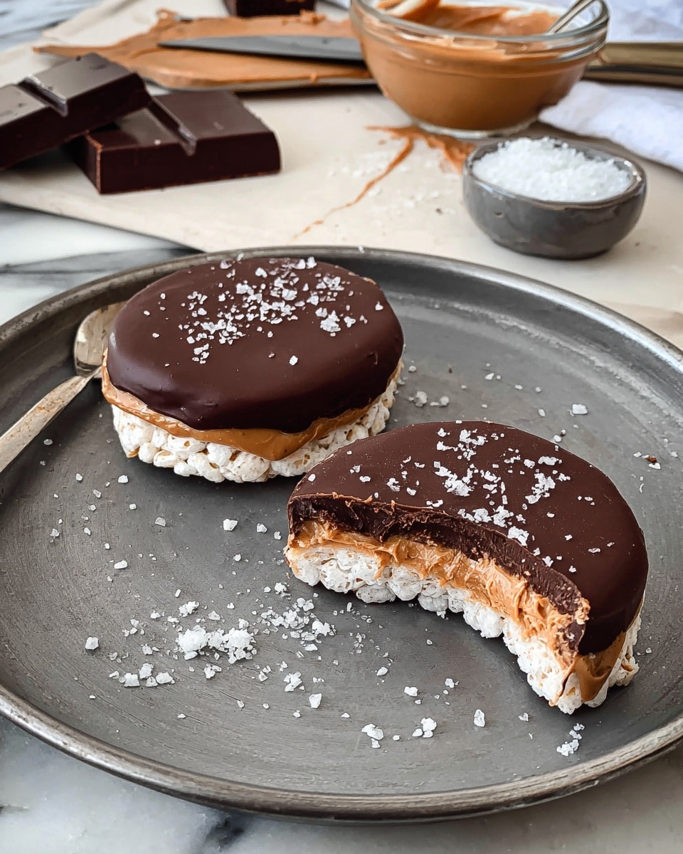 The image shows two round treats on a grey metal plate, each with three visible layers: the bottom layer is white and puffed, resembling puffed rice or cereal, the middle layer is a smooth, light brown peanut butter spread, and the top layer is a thick, glossy dark brown chocolate. The top chocolate layer is sprinkled with coarse white salt flakes. The treat on the right is broken in half, exposing the soft peanut butter and crunchy base clearly. In the background, there are blocks of chocolate, a glass bowl with more peanut butter and a knife resting over it, and a small grey bowl filled with salt, all placed on a white marbled surface. Photo taken with an iphone --ar 4:5 --v 7