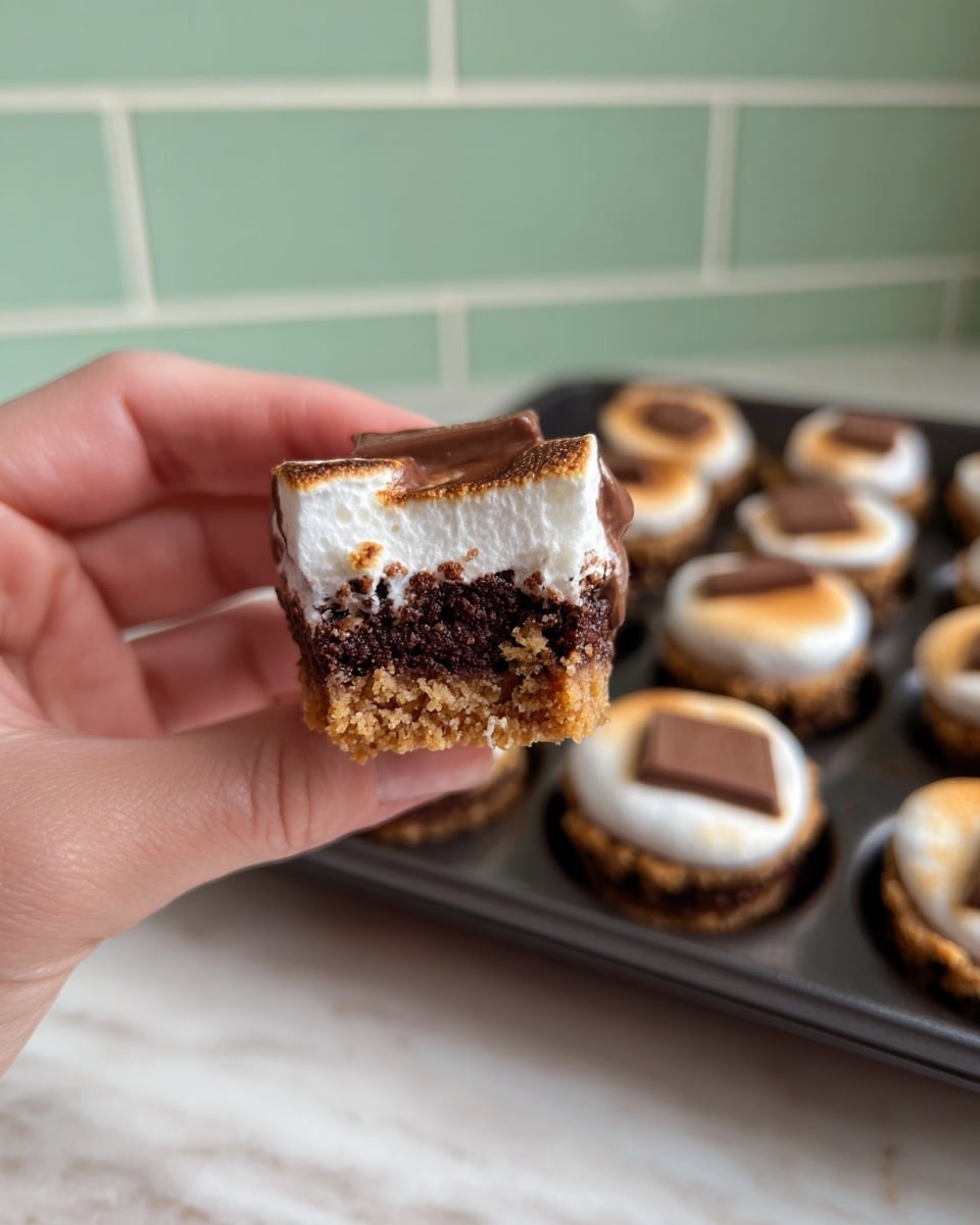 A close-up view of a small dessert held by a woman's hand shows three visible layers: a crumbly light brown base at the bottom, a thick, moist dark brown chocolate cake layer in the middle, and a fluffy white toasted marshmallow topping. The marshmallow is partly covered with a layer of melted milk chocolate on top. In the background, a black baking tray holds many more of these small desserts, each with a toasted marshmallow and a piece of milk chocolate on top, all against a white marbled surface and a pale green brick wall. photo taken with an iphone --ar 4:5 --v 7