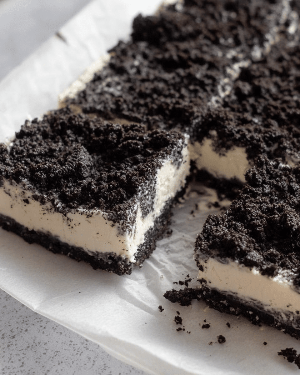 The image shows a square dessert made of two main layers placed on white parchment paper. The bottom layer is thick and white, smooth in texture, resembling cream or cheesecake. The top layer is dark black, crumbly, with small chunks scattered unevenly, resembling crushed cookies, and covers the entire top surface. The dessert is cut into smaller square pieces, with one piece slightly pulled out, showing the contrast between the dark crumbly top and the white smooth bottom layer. The white marbled texture surface is visible around the parchment paper. photo taken with an iphone --ar 4:5 --v 7