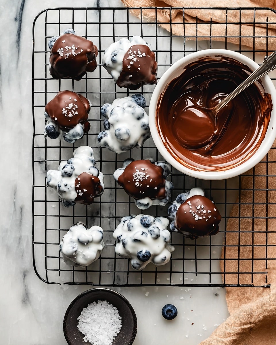 The image shows a black metal cooling rack placed on a white marbled surface, holding several clusters of blueberries covered in a white creamy layer. Some clusters are fully coated in smooth, dark brown chocolate with a glossy finish and small salt flakes sprinkled on top. On the right side of the rack, there is a white bowl filled with melted chocolate, with one blueberry cluster halfway dipped in it and a metal spoon resting inside the bowl. In the center bottom of the rack is a small dark bowl filled with coarse salt, and a single blueberry lies nearby on the surface. Photo taken with an iphone --ar 4:5 --v 7