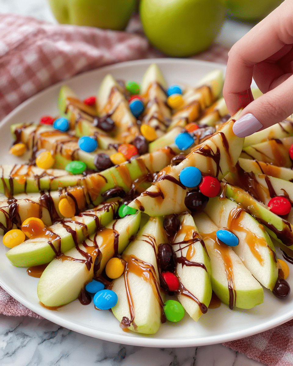 A white plate holds a neatly arranged circle of thin green apple slices with pale yellow flesh, each slice fanning outward with the green skin on the outside edge. Over the apple slices, there are alternating drizzles of light brown caramel sauce and dark brown chocolate syrup, creating a striped pattern. Scattered across the dish are small, round candy pieces in bright colors including blue, red, yellow, green, orange, and white, adding a playful touch. The plate sits on a white marbled surface with two whole green apples and a folded beige and pink checked cloth nearby. photo taken with an iphone --ar 4:5 --v 7