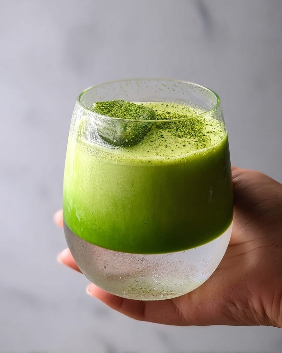 A clear glass held by a woman's hand shows a two-layered drink against a white marbled background. The bottom layer is transparent and watery, filling about half the glass. The top layer is thick, smooth, and bright green, covering the top half with a velvety texture. On the green layer, there is a sprinkle of fine green powder and a single large green ice cube near the edge. The glass is simple and clear with a rounded shape. Photo taken with an iphone --ar 4:5 --v 7