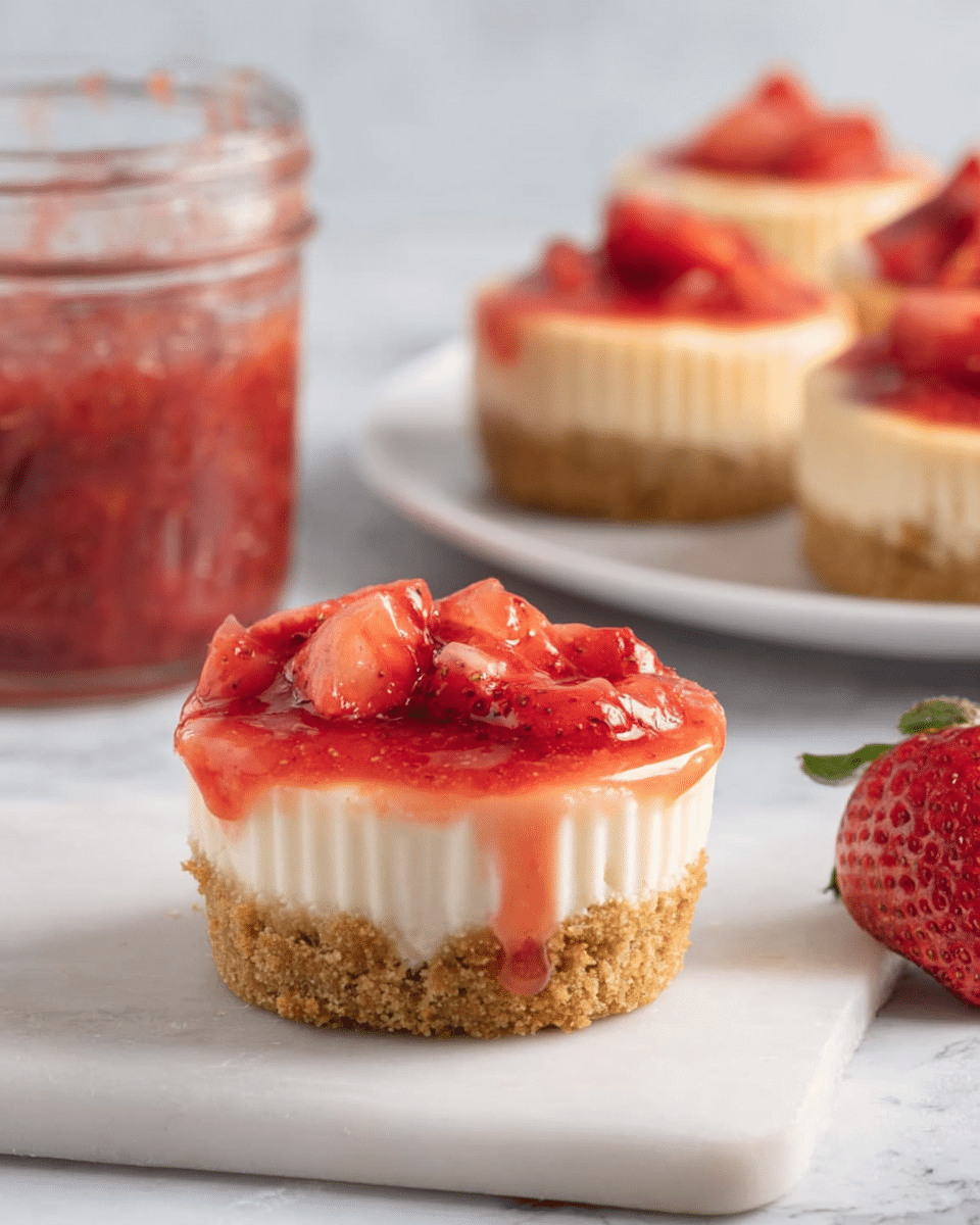 The image shows a single mini cheesecake with three layers on a white marbled surface. The bottom layer is a golden brown crumb crust with a rough texture, followed by a thick, creamy off-white cheesecake layer. On top, there is a bright red strawberry topping with a glossy, slightly syrupy texture, where pieces of fresh strawberries are visible, and some syrup drips down the side. In the background to the right, there is a white plate with more mini cheesecakes similarly topped with strawberry slices, and to the left, there is a glass jar filled with chunky strawberry sauce and a whole strawberry beside it. Photo taken with an iphone --ar 4:5 --v 7