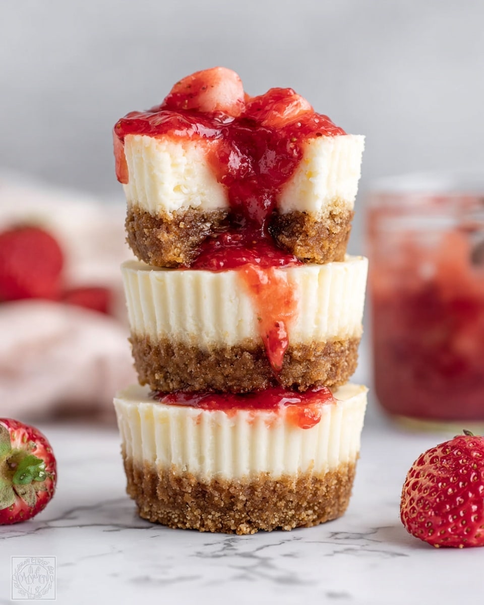 A stack of three mini cheesecakes is centered on a white marbled surface, each cheesecake having two layers: a thick crumbly brown crust on the bottom and a smooth, creamy white cheesecake layer on top. The topmost cheesecake is cut in half and stacked so the cut side is visible, showing the creamy texture inside. Bright red strawberry sauce with chunks of strawberries is generously poured over the top, dripping down the sides of the cheesecakes. In the softly blurred background, there is a glass jar with more red strawberry sauce and a few whole strawberries. Photo taken with an iphone --ar 4:5 --v 7