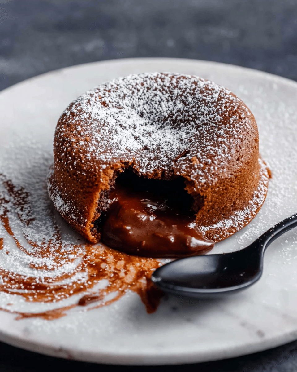A round, brown molten lava cake with a soft texture is placed center on a white plate with a white marbled texture background. The top half of the cake is dusted with powdered sugar, some of which is spread artistically on the plate behind it. A portion of the cake is missing from the front, revealing thick, smooth, dark chocolate lava filling flowing out. A black spoon with a small bit of cake rests to the right of the dessert. Photo taken with an iphone --ar 4:5 --v 7