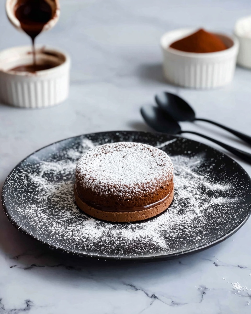 A small round chocolate cake with a light brown top dusted heavily with white powdered sugar sits centered on a dark plate, which is decorated with a generous dusting of powdered sugar spreading out from under the cake. The cake has two visible layers: a thicker textured top layer and a thinner dark brown base layer in the middle. In the background, two white ramekins filled with cocoa powder sit on a white marbled surface. In the foreground, three black spoons lie side by side on a white marbled surface just below the plate, and a woman's hand holds a white bowl with dripping chocolate on the left side of the photo. The whole scene rests on a soft white marbled texture. photo taken with an iphone --ar 4:5 --v 7