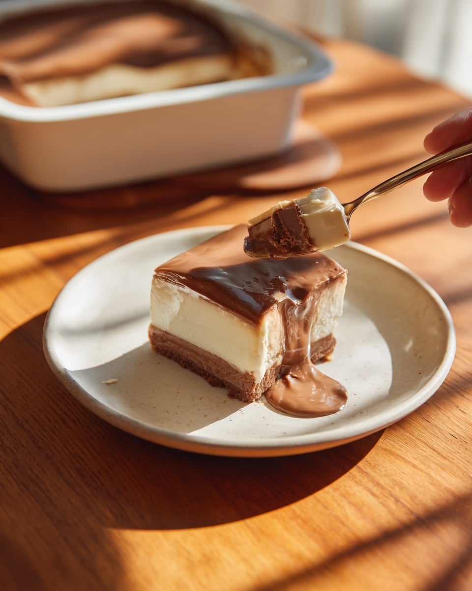 A white plate holds a rich, creamy dessert with two main layers visibly melting into each other. The top layer is a light beige, smooth and shiny with a soft texture that gently curves. The second layer below it is a warm brown color, also glossy and silky, spreading over the plate’s surface. On the edge of the plate rests a bite-sized piece of layered chocolate and cream candy that matches the dessert’s colors. A spoon presses into the dessert, highlighting its soft and creamy texture. The scene is set on a wooden table with soft sunlight casting warm shadows, and a baking dish filled with a similar dessert is visible in the background on a white marbled texture photo taken with an iphone --ar 4:5 --v 7