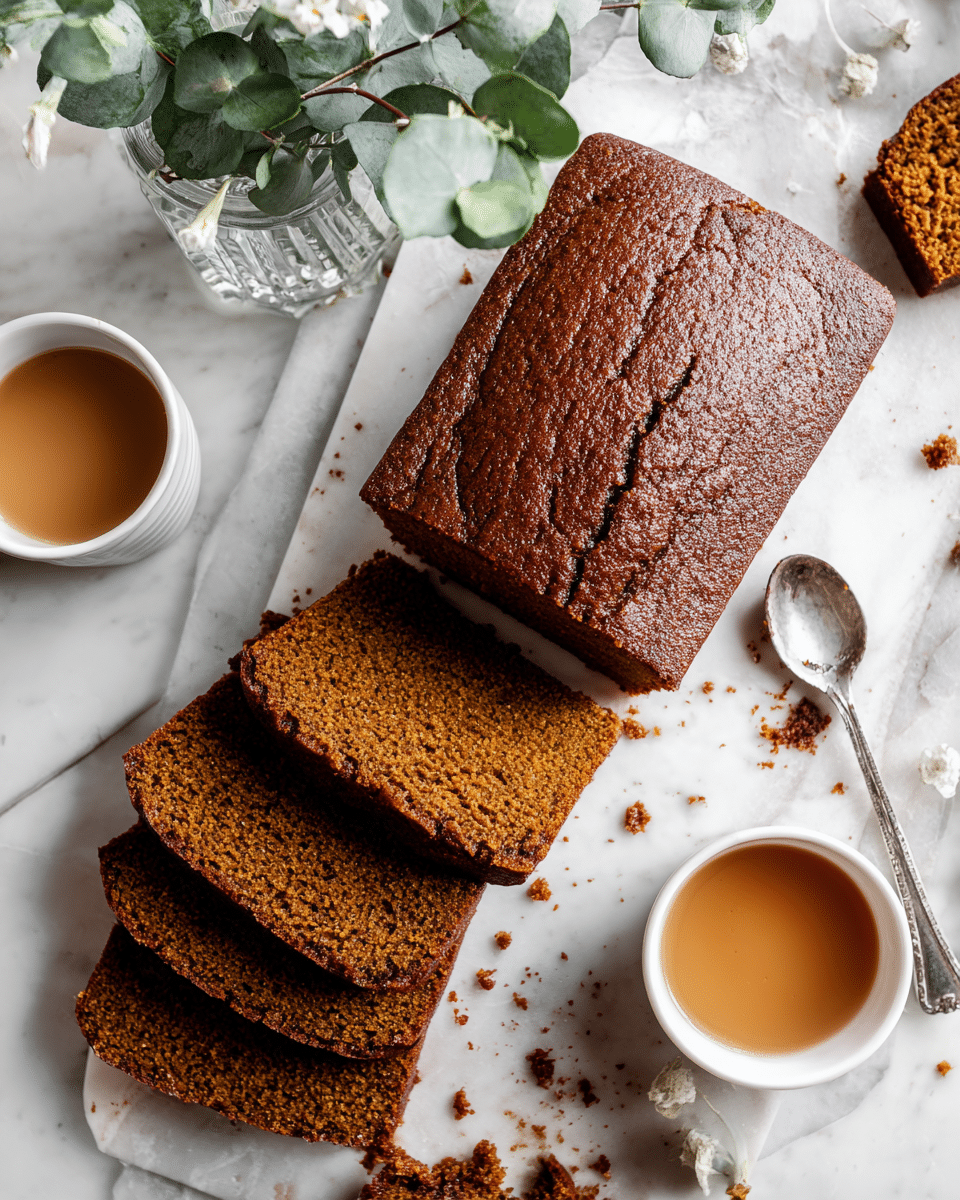 A loaf of dark brown gingerbread cake is shown partially sliced into five pieces, with one piece broken and crumbs scattered around it, all resting on a white marbled surface. The cake has a slightly glossy and textured top crust, while the inside appears soft and porous with a warm brown color. To the right, there are two white cups filled with light brown tea, one slightly out of frame, and a silver spoon lies below them on the marble. In the top center background, there is a small glass vase with green eucalyptus leaves and a white flower. Photo taken with an iphone --ar 4:5 --v 7