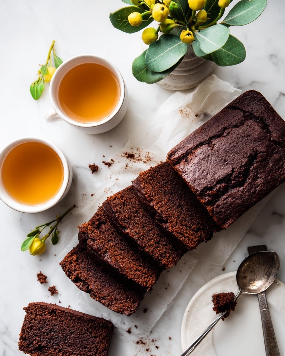 A loaf of dark brown gingerbread cake is cut into six thick rectangular slices placed on a white marbled surface, with one smaller piece broken off and crumbs scattered nearby. The cake has a moist, dense texture with a slightly rough top. Two white ceramic cups filled with a light amber tea are placed near the cake, one cup upright and the other slightly tilted, with a silver spoon resting beside the tilted cup. A small vase with green round leaves and yellow buds adds a touch of color behind the tea. The scene is bright and clean with natural lighting. Photo taken with an iphone --ar 4:5 --v 7