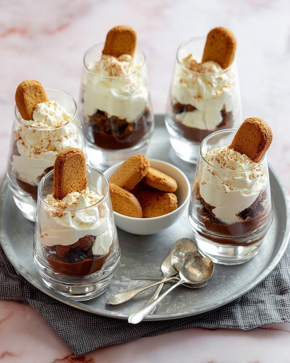 The image shows five clear glass cups placed on a round silver tray with a gray checkered cloth on it, all sitting on a white marbled surface. Each glass cup holds three layers: a dark brown base layer of coffee-soaked crumbs, a thick layer of white whipped cream in the middle, and a single browned almond biscotti cookie partially dipped and standing upright on top. In the center of the tray is a small white bowl filled with extra almond biscotti cookies. Three silver spoons rest on the tray between the glasses. The whole setup looks bright and inviting. photo taken with an iphone --ar 4:5 --v 7