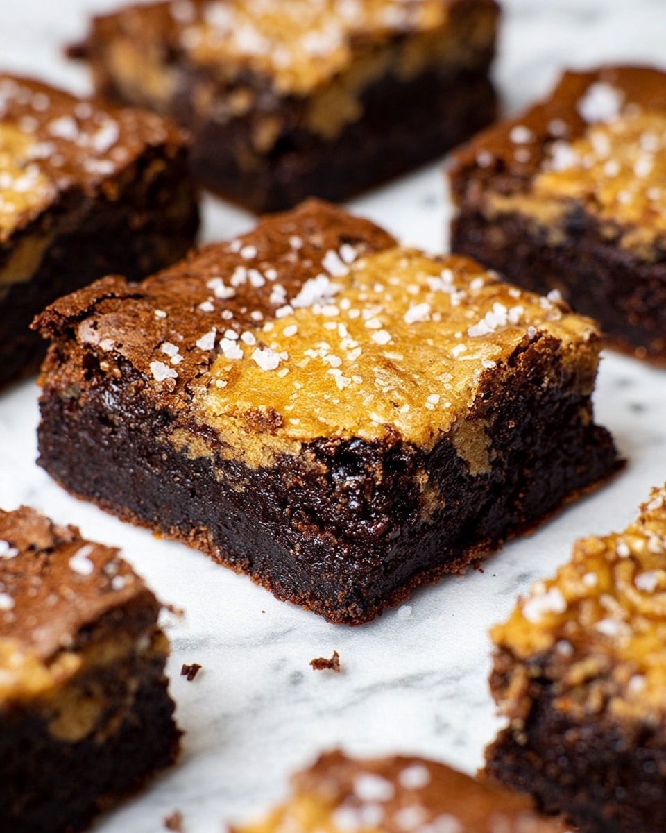 The image shows several square brownies with two distinct layers: a thick, dark brown bottom layer that looks moist and dense, and a thinner, golden brown top layer with a slightly cracked texture sprinkled with sesame seeds and coarse salt. The brownies are placed on white parchment paper atop a white marbled surface. The rich, chocolatey bottom layer contrasts with the lighter, textured top, giving the brownies an inviting, homemade look. photo taken with an iphone --ar 4:5 --v 7