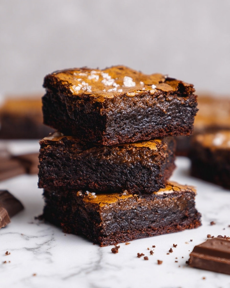 The image shows a stack of three thick brownies on a white marbled surface, each with two distinct layers. The bottom layer is dense and dark brown with a rich, moist texture. The top layer is lighter brown with a slightly cracked, glossy surface that has some small white flakes sprinkled on it for decoration. The brownies look soft and fudgy inside, and crumbs are scattered on the surface nearby. In the background, there are some blurred pieces of chocolate and other brownies. photo taken with an iphone --ar 4:5 --v 7