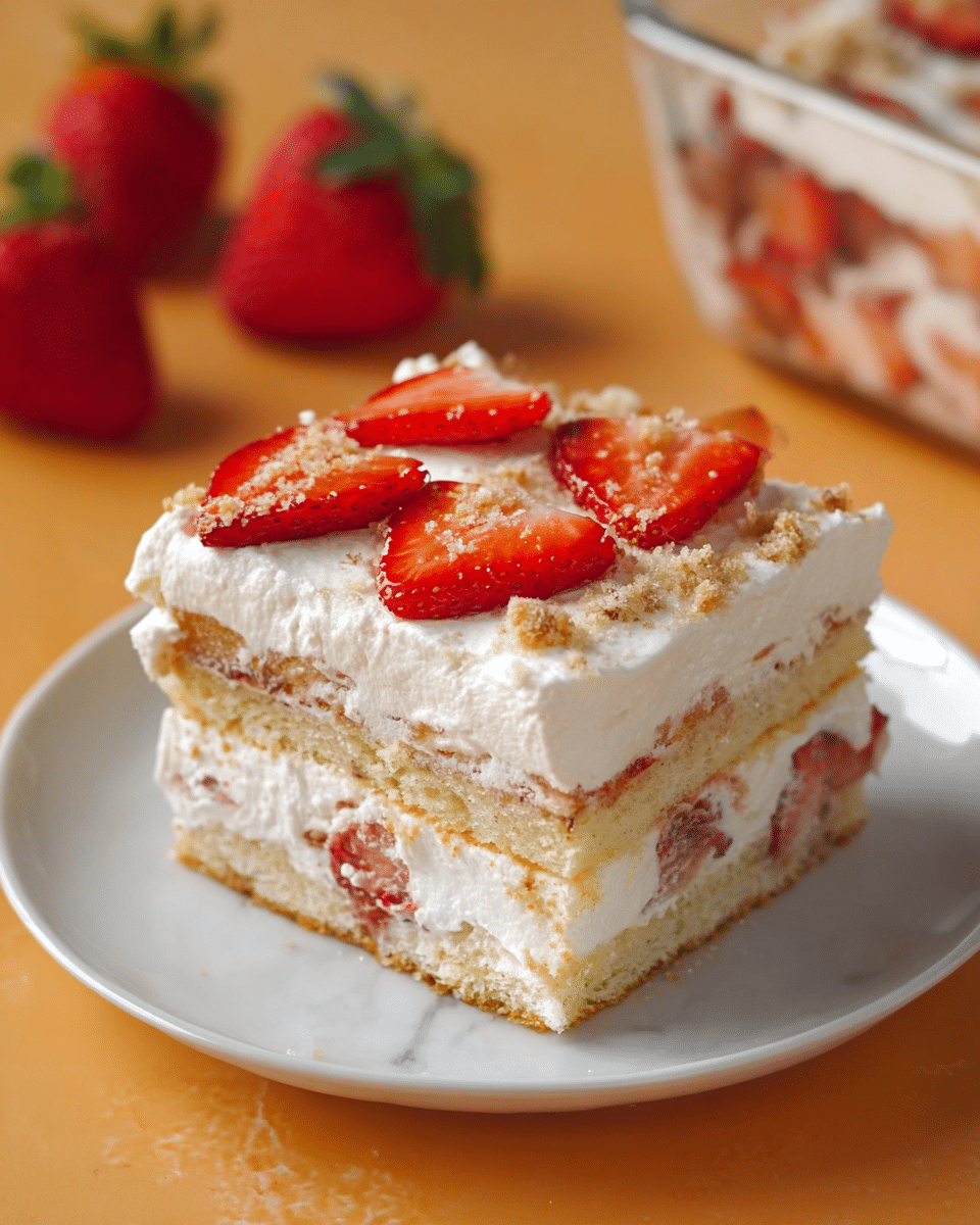 A square piece of layered strawberry shortcake sits on a white plate, showing four distinct layers; the bottom and third layers are light golden cake, the second and top layers are thick white cream with visible small pieces of sliced strawberries inside and on top. The top layer is decorated with five red strawberry slices scattered across the white cream, sprinkled lightly with a crumbly topping. In the background on the white marbled surface, three fresh whole strawberries can be seen slightly out of focus, with part of a glass dish containing more of the dessert visible on the right. Photo taken with an iphone --ar 4:5 --v 7