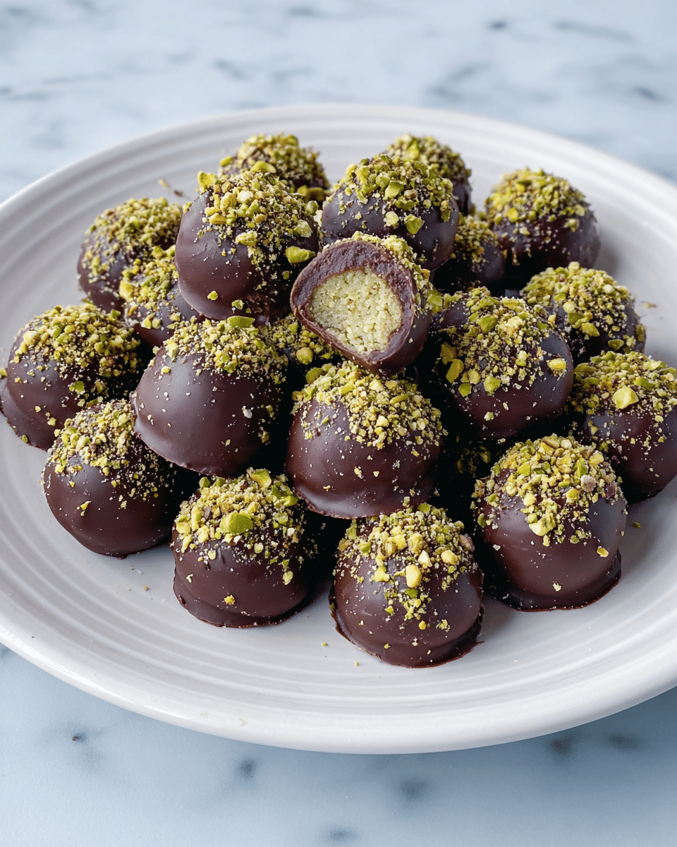 A white plate filled with about twenty round chocolate balls arranged in a loose pile, each coated in smooth dark chocolate with a rough texture of crushed green pistachios sprinkled on top. One chocolate ball is bitten to show a three-layer inside: a middle layer of light green pistachio filling with a crumbly texture, surrounded by a thin smooth dark chocolate shell, and topped with more pistachio bits. The plate is placed on a white marbled surface, adding a clean and bright background. photo taken with an iphone --ar 4:5 --v 7