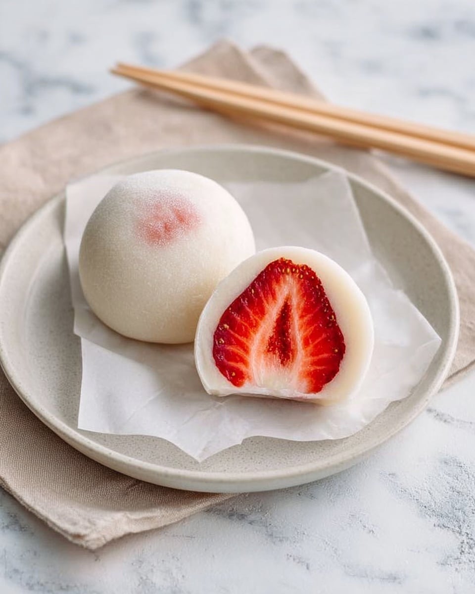 The image shows two mochi balls placed on a white plate with a soft matte finish, set on a white marbled surface. One mochi is whole and smooth with a white, slightly translucent outer layer, while the other mochi is cut in half, revealing a vibrant red strawberry with its juicy texture in the center, surrounded by a thin white mochi layer. The plate also holds two small light wooden forks placed neatly next to the mochi, and a piece of thin white parchment paper underneath them adds a delicate touch to the presentation. photo taken with an iphone --ar 4:5 --v 7