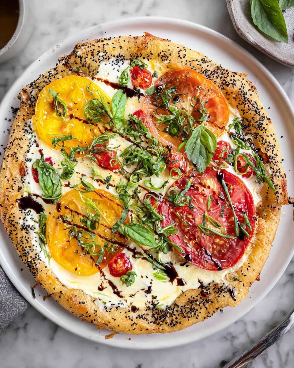 The image shows a round pizza on a white plate placed on a white marbled surface. The pizza has a thick, golden crust sprinkled with black and white sesame seeds. The first layer is creamy white cheese spread evenly across the dough. On top, there are three large, round slices of yellow tomato and several smaller red tomato slices with melted white cheese. Fresh green herbs, like basil leaves and chopped green onions, are scattered on the pizza, with a drizzle of dark balsamic glaze adding contrast. The edges of the crust look crunchy, and the toppings have a fresh and vibrant look. Photo taken with an iphone --ar 4:5 --v 7