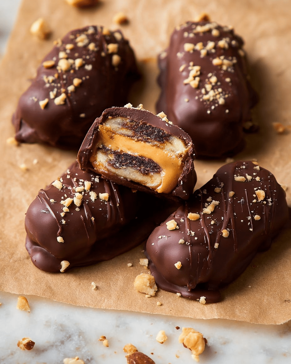 The image shows four chocolate-coated treats on brown parchment paper over a white marbled texture. The treats have a smooth, shiny dark brown chocolate layer on the outside, sprinkled with small light tan nut pieces. One piece is cut open revealing three layers: the outer glossy chocolate layer, a middle dark brown roasted banana layer with visible grill marks, and the inner layer of creamy light tan peanut butter oozing out. The chocolate coating has some texture from the nut pieces, and there are scattered nut bits around the treats. Photo taken with an iphone --ar 4:5 --v 7