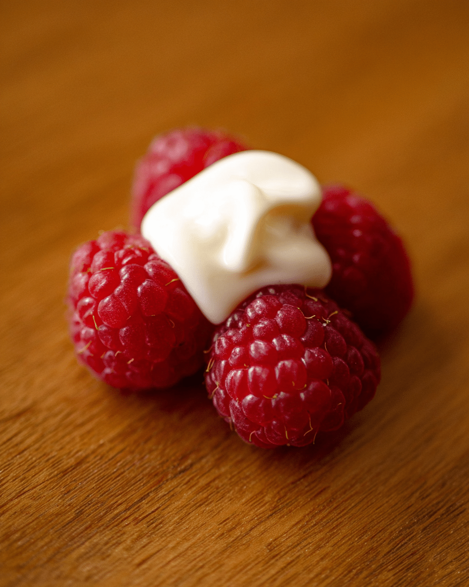 The image shows three bright red raspberries arranged tightly in a small cluster with a dollop of smooth white cream placed on top, covering parts of the raspberries. The raspberries have a detailed, bumpy texture, and the cream looks thick and glossy, with a small swirl on its surface. The dish sits on a wooden surface with a warm brown color that softly contrasts with the red berries and white cream. photo taken with an iphone --ar 4:5 --v 7