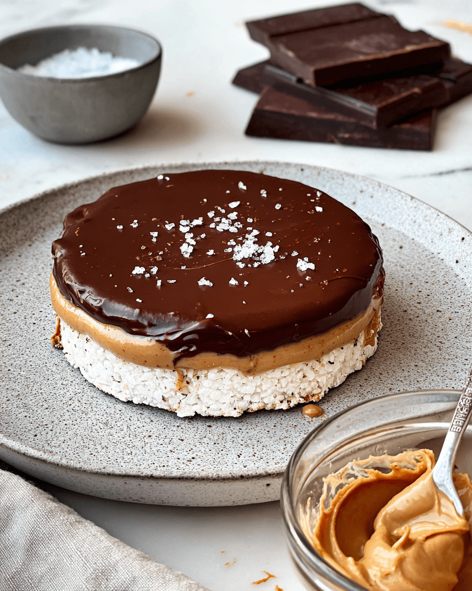 A round treat with three visible layers sits on a textured, light gray plate. The bottom layer is white with a rough, crunchy texture, resembling a rice cake. Above that is a smooth, thick layer of light brown peanut butter that slightly drips down the sides. The top layer is a shiny, dark chocolate glaze with a few small white salt flakes scattered across it, adding contrast. In the background to the top left, there is a small gray bowl with salt, and behind it, two thick dark chocolate bars. To the right, a clear bowl holds creamy peanut butter with a spoon resting on top, covered in peanut butter. The surface under the plate is a white marbled texture. photo taken with an iphone --ar 4:5 --v 7