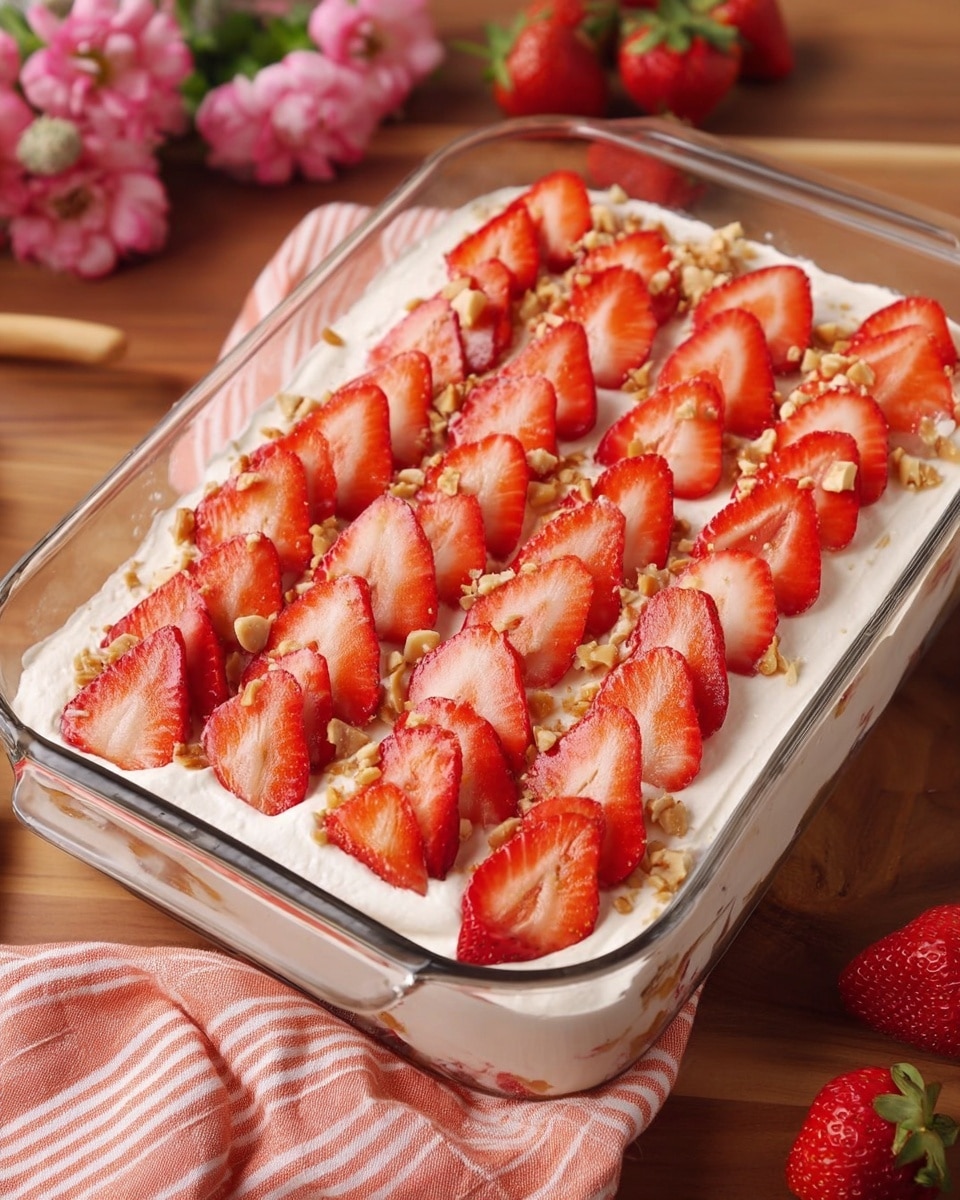 The dessert is shown in a clear rectangular glass dish filled with a thick, even layer of smooth white cream as the base. On top, there are neatly arranged rows of halved strawberries, each a bright red with a slightly glossy texture, placed closely side by side covering the entire surface. Small pieces of light tan crushed nuts are sprinkled evenly over the strawberries, adding a bit of texture contrast. The dish is placed on a wooden table with a soft salmon-pink striped cloth partly visible on the left and fresh whole strawberries and pink flowers in the background. photo taken with an iphone --ar 4:5 --v 7