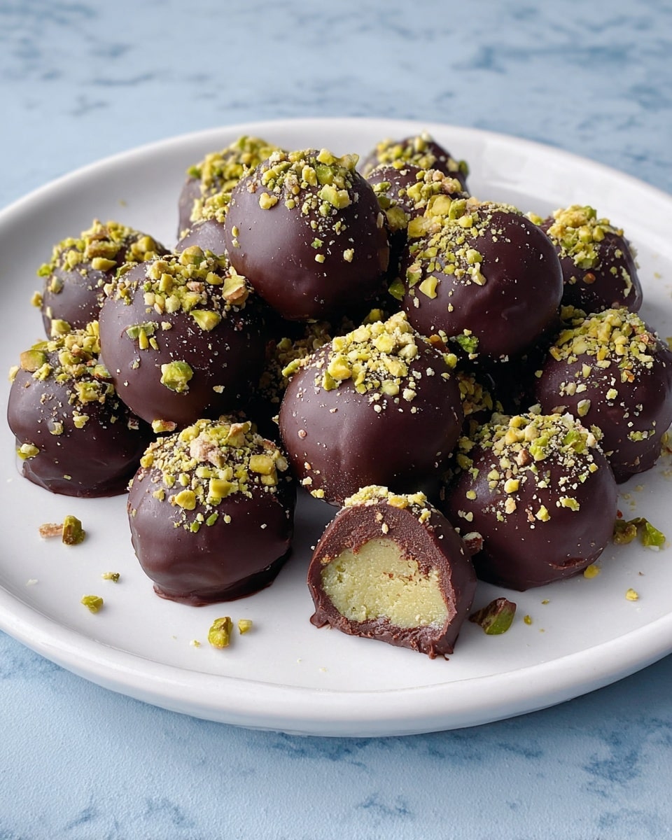 A white plate filled with many small round chocolate balls topped with crushed green pistachios. The chocolate coating is dark brown and smooth, and one ball is bitten to show a light green, soft nutty filling inside with a thin chocolate layer around it. The plate sits on a white marbled surface with a blue backdrop. photo taken with an iphone --ar 4:5 --v 7
