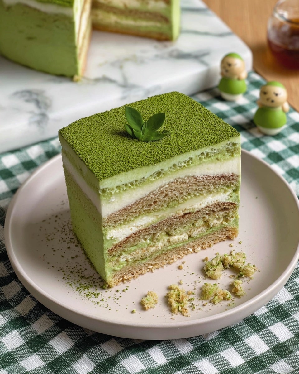A slice of green matcha cake sits on a white plate, showing four layers in total. The top layer is a smooth, bright green matcha cream dusted evenly with a fine powder, decorated with a small green leaf sprig at the center. Below that are alternating layers of soft, light brown sponge cake and pale green matcha cream, creating a pattern of four layers of cake and three layers of cream. The cake slice has a bite taken out of the front right corner, revealing the spongy texture inside and some green crumbs on the plate. The plate rests on a white marbled surface with a green and white checkered cloth underneath, with a blurred second larger slice of the same cake and some small green figurines in the background. photo taken with an iphone --ar 4:5 --v 7