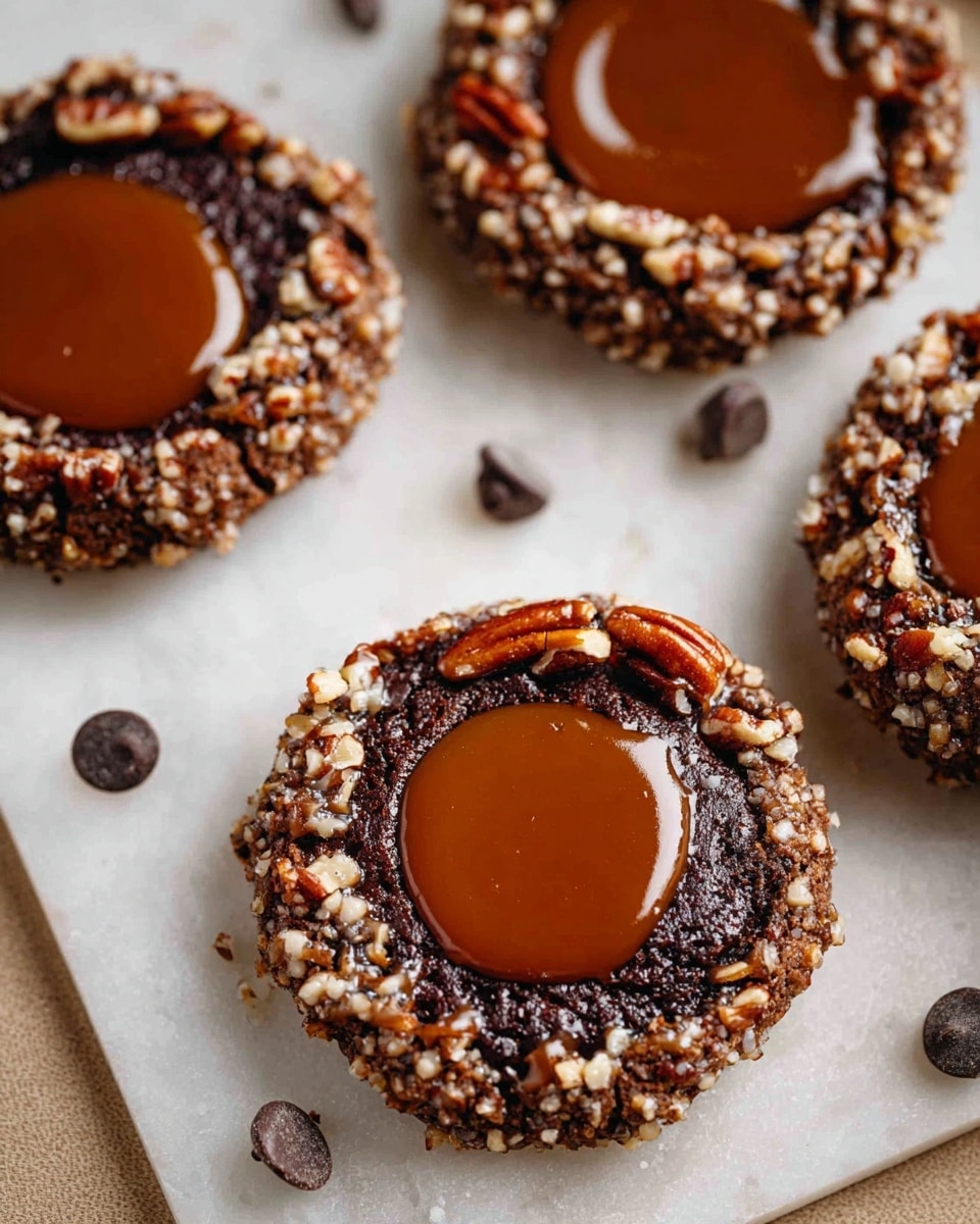 The image shows four round chocolate cookies on a white marbled textured surface, each topped with a shiny, smooth pool of caramel in the center. The edges of the cookies are coated with chopped pecans, giving a rough texture and light brown color contrast to the dark brown, almost black, chocolate base. Scattered around the cookies are a few small chocolate chips, adding detail and depth to the scene. The cookies look soft and rich, with a slightly cracked texture on the chocolate part. photo taken with an iphone --ar 4:5 --v 7