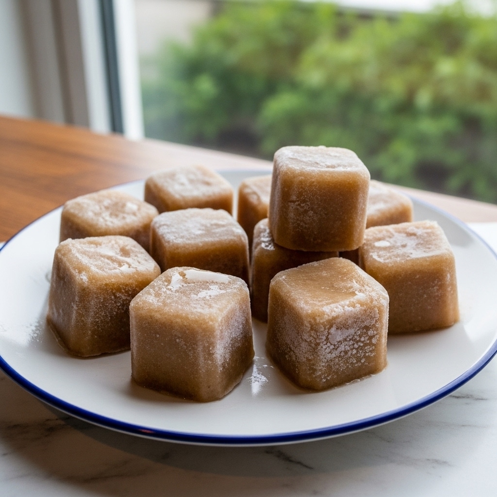 Several small, light brown, icy cubes with a smooth and slightly shiny texture are arranged on a white plate with a thin dark blue rim, placed on a wooden table near a window. The cubes are not stacked but laid out close together in a loose group, showing some frost and a bit of melting around them. The background includes a window with a blurred view of green plants outside, and the surface beneath the plate should be imagined as white marbled texture. photo taken with an iphone --ar 4:5 --v 7