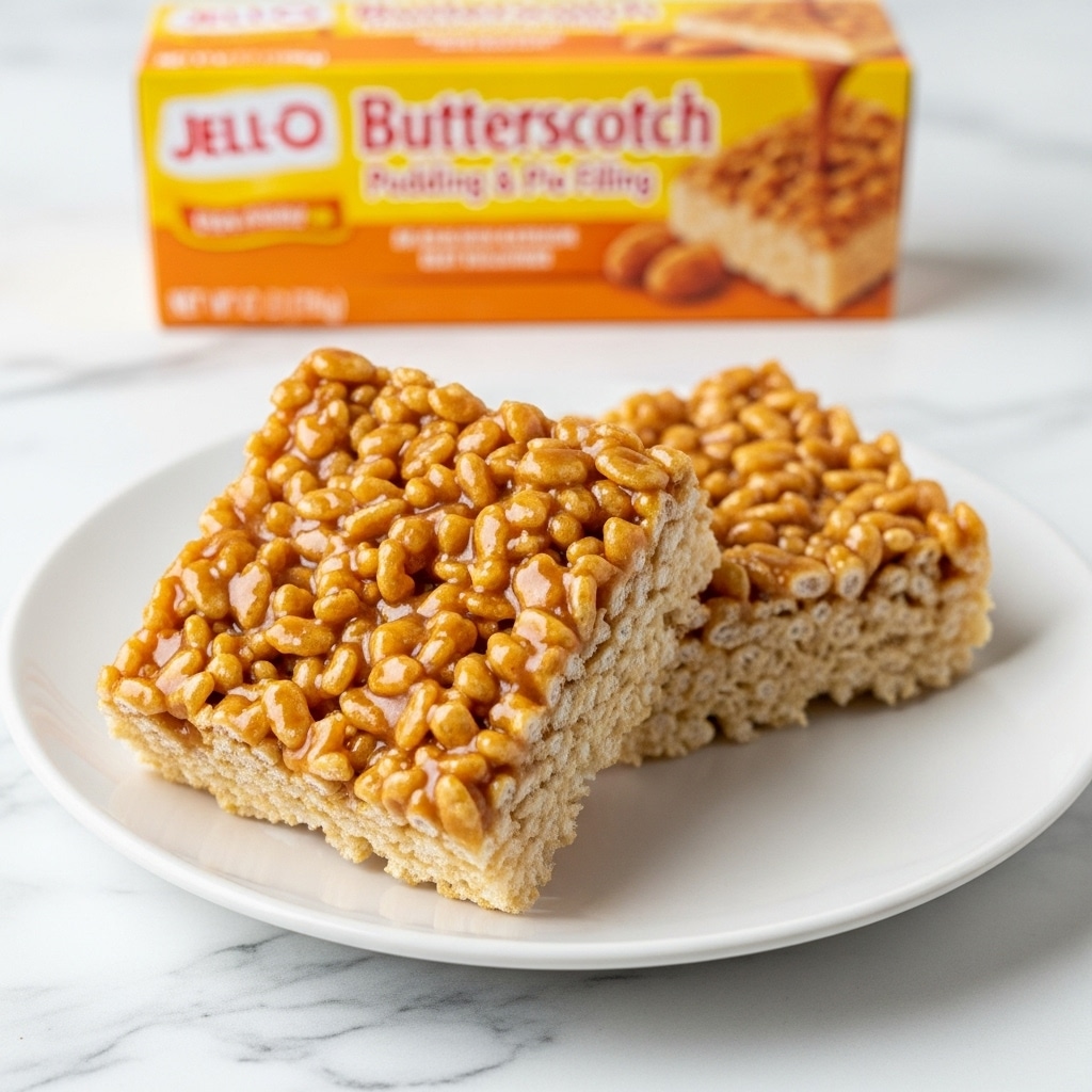 Two square rice crispy treats with a golden brown color and a sticky, shiny texture are placed on a white plate. In the background, a yellow and orange box of Jell-O butterscotch pudding mix is visible but slightly out of focus. The plate rests on a white marbled surface. photo taken with an iphone --ar 4:5 --v 7
