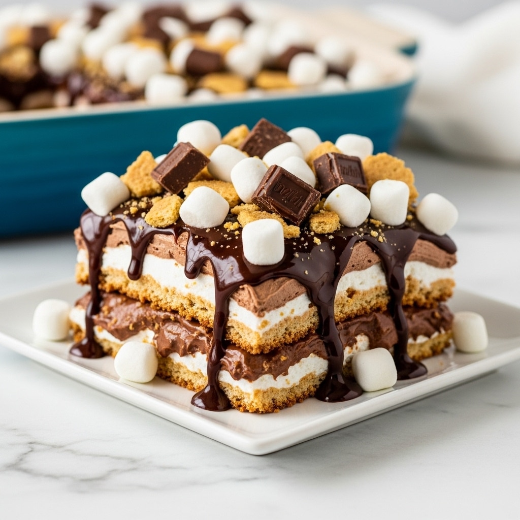 The image shows a layered dessert square on a white square plate. The dessert has at least three layers: a bottom layer of chewy marshmallow mixed with melted chocolate and graham cracker crumbs, a middle layer of chocolate cream, and a top layer covered with whole mini white marshmallows, crushed graham crackers, and chunks of chocolate. Thick chocolate sauce drips down the sides of the dessert. The plate sits on a white marbled surface, while a blue baking dish filled with more dessert is blurred in the background. photo taken with an iphone --ar 4:5 --v 7
