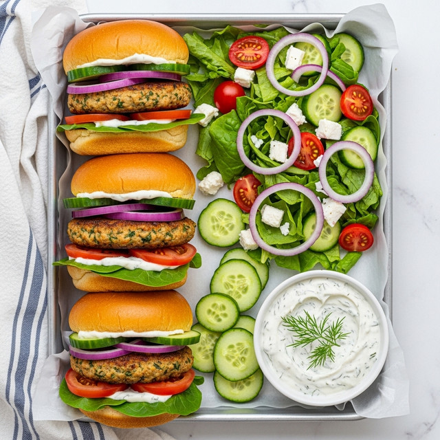 The image shows a metal tray lined with white paper, filled with three mini sandwiches on the left side. Each sandwich has a golden-brown bun with green leafy lettuce at the bottom, a cooked patty with herbs as the second layer, white sauce spread on the patty, slices of red tomato, thin rings of purple onion, and topped with green cucumber slices under the top bun. On the right side of the tray, there is a fresh salad with green lettuce leaves, halved red cherry tomatoes, cucumber chunks, thin purple onion strips, and scattered white cheese chunks. Below the salad, there are several cucumber slices spread out. At the bottom right corner, a white bowl with a creamy white dip is garnished with green dill on top. The tray rests on a white marbled surface with a folded white and blue striped cloth partially visible on the left side. Photo taken with an iphone --ar 4:5 --v 7