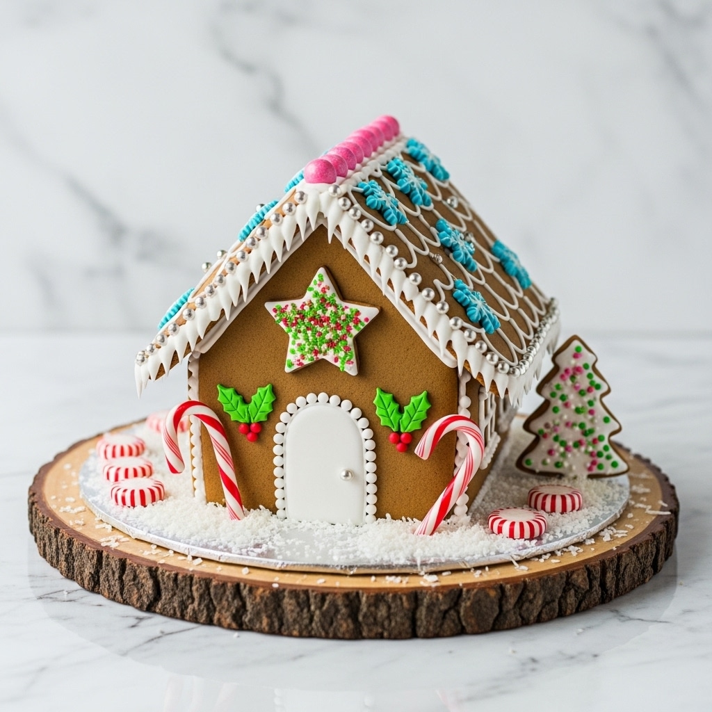 A gingerbread house with three visible walls and a sloped roof sits on a thick round wooden board placed on a white marbled surface. The house is decorated with thick white piped icing along the edges and roof, dotted with small silver balls. The roof has blue snowflake designs and a row of pink balls on top. The front wall shows a white textured door and two green holly leaves with red berries on either side of a star-shaped cookie sprinkled with green and red bits above the door. Around the base, there are scattered white shredded coconut and red and white candy canes standing upright on either side of the front door. Peeking from the side is a white iced tree cookie with green and pink sprinkles. Several red and white peppermint candies are scattered around the base. photo taken with an iphone --ar 4:5 --v 7
