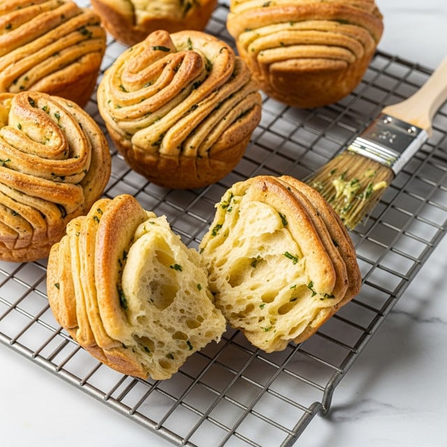 The image shows several pieces of golden-brown pull-apart garlic bread in muffin shapes resting on a wire cooling rack. Each muffin has many soft, layered folds of dough, with green herbs visible inside the layers. One piece is pulled apart, revealing the soft, airy inside with specks of green herbs. Near the bread, a brush with herb butter residue sits on the side of the rack. The scene is set on a white marbled surface. photo taken with an iphone --ar 4:5 --v 7