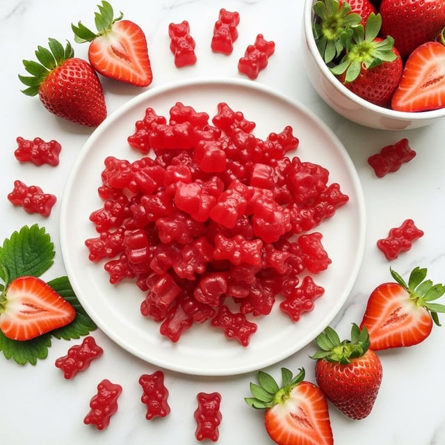 A close-up view of a white round plate filled with many small, shiny red gummy bears piled high in the center. Around the plate and scattered on the white marbled surface are small red gummy bears and fresh halved strawberries with green leaves, showing their red flesh and seeds. A white bowl containing more fresh whole and halved strawberries is partly visible in the upper right corner. The bright red colors of the gummy bears and strawberries stand out against the clean white marbled background. photo taken with an iphone --ar 4:5 --v 7