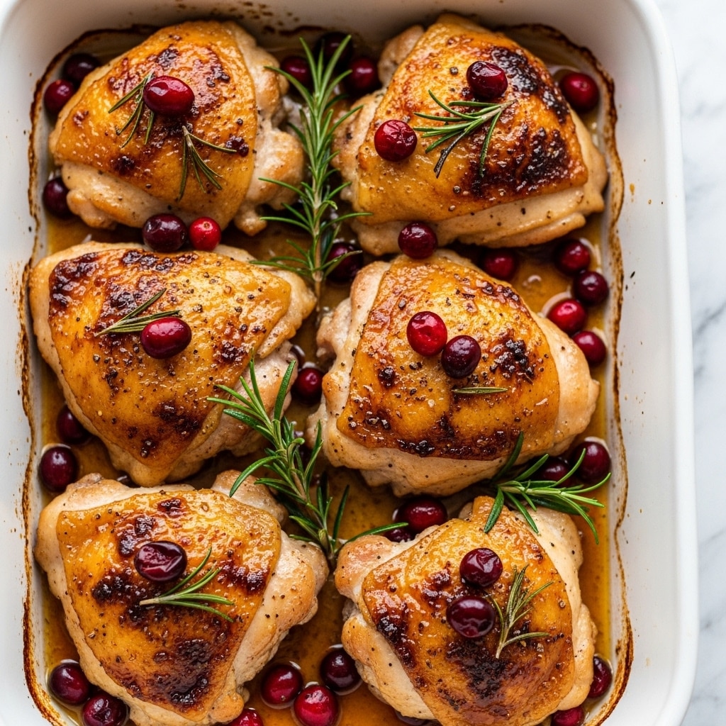 The image shows several pieces of golden-brown baked chicken thighs in a white rectangular baking dish. The chicken layers have a crispy, slightly charred skin with a shiny, glazed texture. Small red cranberries and green rosemary sprigs are scattered on and around the chicken, adding bright red and green colors. The baking dish contains some cooking juices at the bottom, giving a moist look. The background surface is a white marbled texture. photo taken with an iphone --ar 4:5 --v 7
