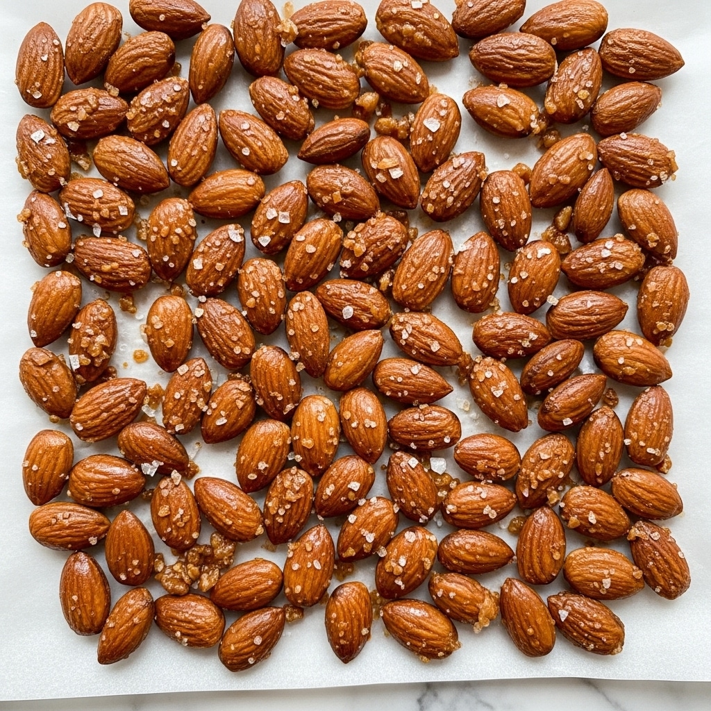 A close-up view of a single layer of roasted almonds spread out on white parchment paper on a white marbled surface, each almond a rich golden brown color with a slightly shiny texture and sprinkled unevenly with coarse salt and small caramelized bits. The almonds are scattered randomly, showing their rough and wrinkled skin, some with a few lighter spots, giving a natural roasted look. photo taken with an iphone --ar 4:5 --v 7