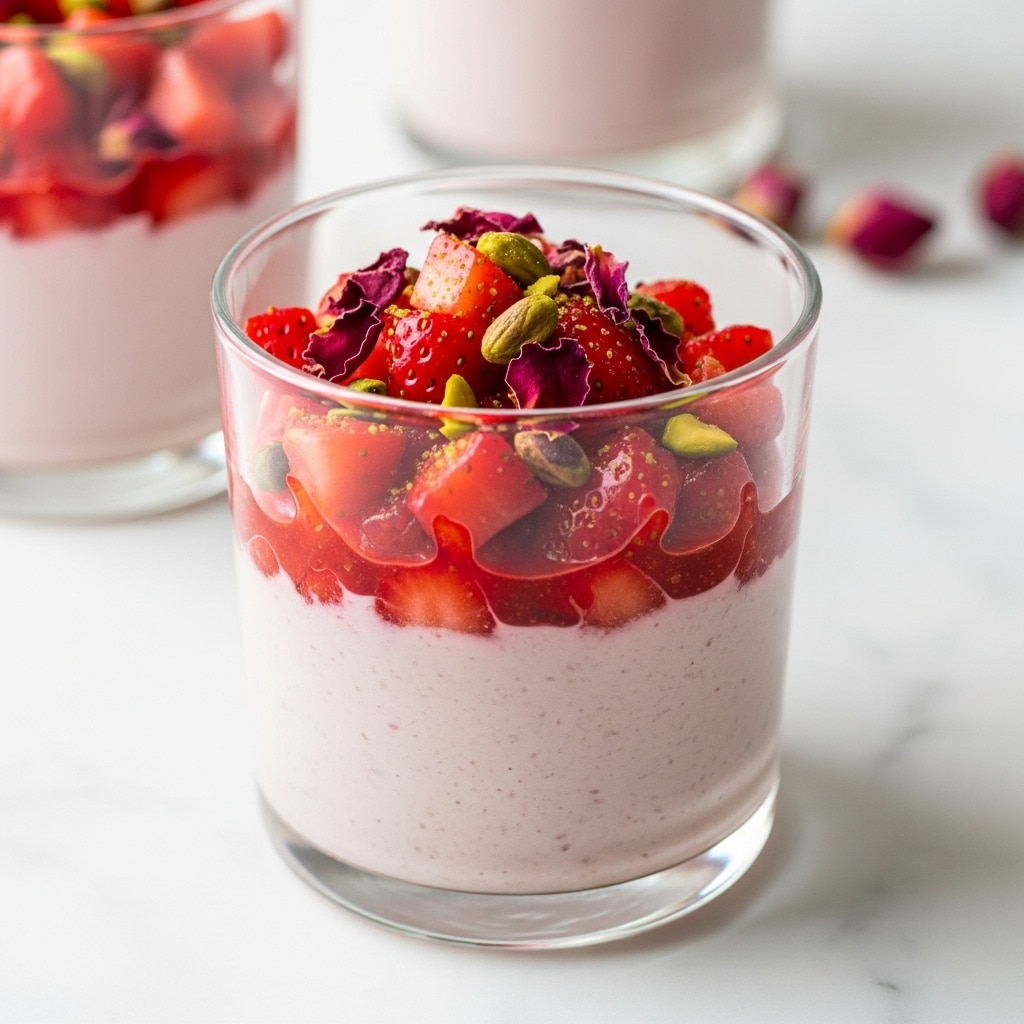 A clear glass cup filled with two visible layers: the bottom layer is smooth and creamy pale pink, while the top layer is a mix of bright red chopped strawberries with a few small green pistachio pieces and dried red rose petals sprinkled on top, placed on a white marbled surface. In the background, there is another similar glass cup slightly out of focus. Photo taken with an iphone --ar 4:5 --v 7
