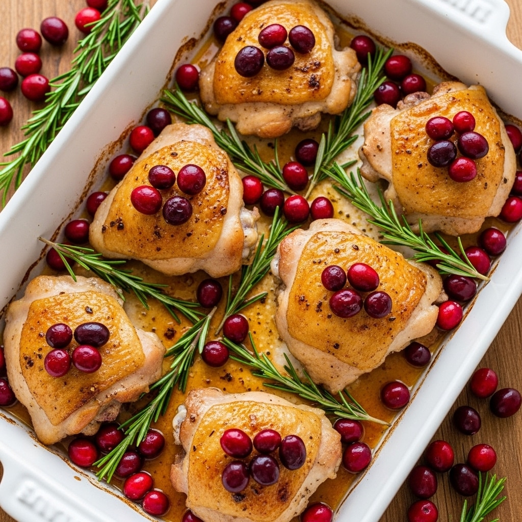 A white rectangular baking dish holds six pieces of golden-brown roasted chicken thighs arranged in two rows, with a slightly crispy skin and juicy texture. Scattered on top and around the chicken are bright red cranberries, adding bursts of color and freshness. Fresh green rosemary sprigs are tucked between the chicken pieces, enhancing the visual and hinting at aroma. The dish has some browned cooking juices pooled at the bottom, giving a shiny, glazed look to the chicken. The baking dish is placed on a wooden surface with a few extra cranberries around it, enhancing the warm and rustic feel. Photo taken with an iphone --ar 4:5 --v 7