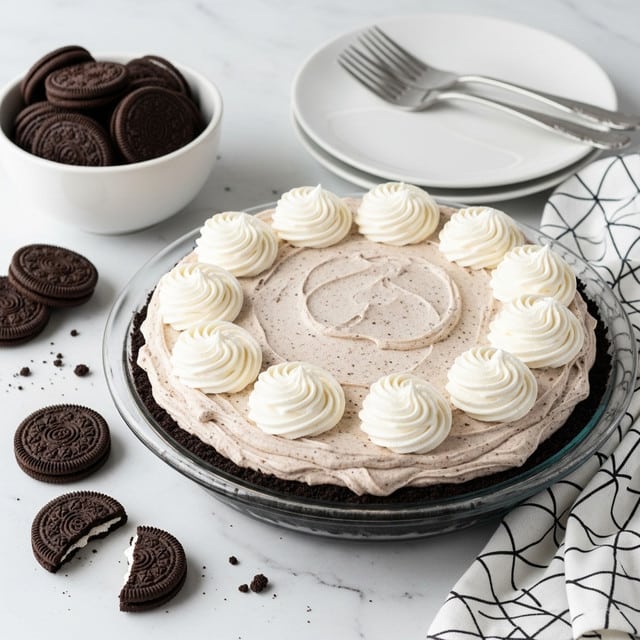 The image shows a cookies and cream pie with three visible layers. The bottom layer is a dark chocolate crust pressed firmly into a glass pie dish. Above that is a thick, light brown filling mixed with small dark cookie pieces, spread smoothly but with subtle texture. On top, eight evenly spaced swirls of white whipped cream circle the edge of the pie, creating a soft, fluffy contrast. To the left, a white bowl is filled with whole dark chocolate sandwich cookies, and a few cookies and crumbs are scattered on a white marbled surface. Nearby, there is a white plate with three silver forks resting on it, and a white napkin with a black geometric pattern is tucked under the edge of the pie dish. photo taken with an iphone --ar 4:5 --v 7