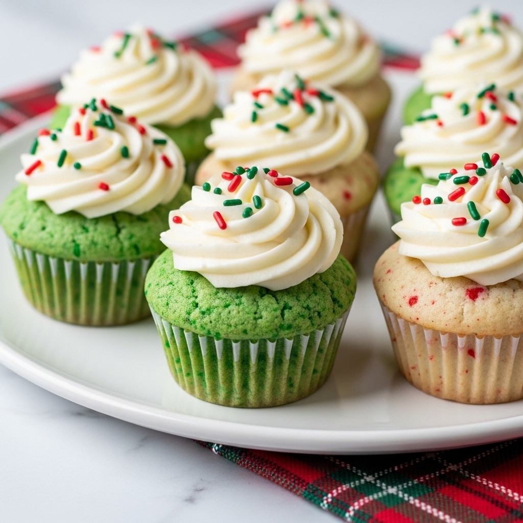 The image shows a white plate with seven small cupcakes arranged closely together. Each cupcake has a base made of two different colors: light green with green specks, and light beige with red specks. On top of every cupcake is a swirl of white creamy frosting with smooth texture, decorated with red and green sprinkles. The plate sits on a white marbled surface, and there is a red and green plaid cloth partially visible under the plate. The focus is on the front cupcakes, with the background softly blurry. photo taken with an iphone --ar 4:5 --v 7