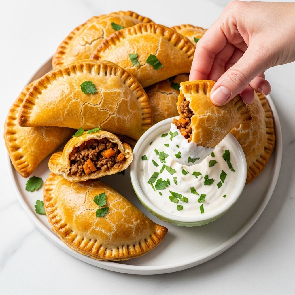 A group of golden brown empanadas with a shiny, slightly cracked crust are arranged on a white plate, resting on a white marbled surface. One empanada is broken open, showing a filling of cooked ground meat and orange-colored vegetables inside. A small white bowl with a green rim holds white creamy dip sprinkled with small pieces of chopped green herbs, and a woman's hand is dipping a piece of empanada into the sauce. Small green herb leaves are scattered over the empanadas and plate. Photo taken with an iphone --ar 4:5 --v 7