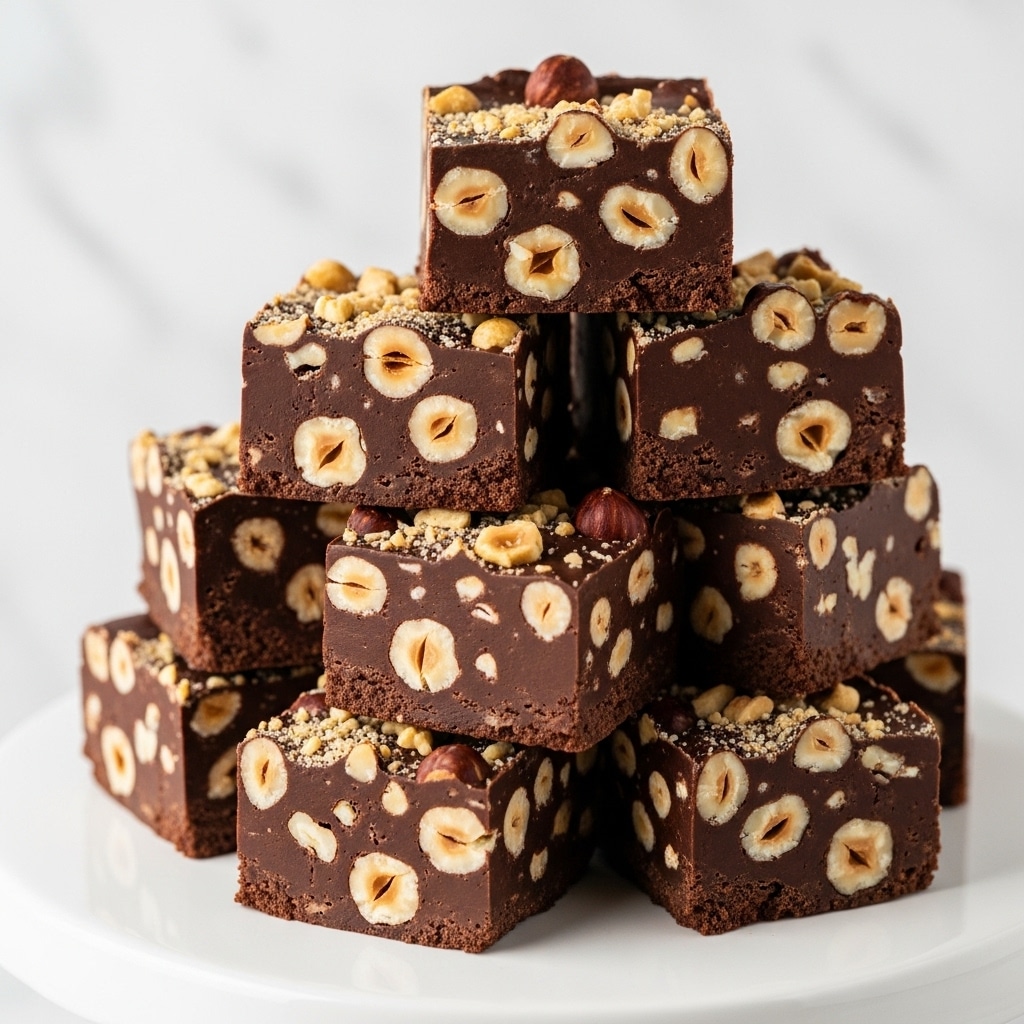 A stack of dark chocolate fudge squares with a smooth, dense texture sits on a white cake stand. Each square has a rich dark brown color with whole and chopped hazelnuts embedded inside and sprinkled on top, giving a crunchy contrast to the soft fudge. The edges of the fudge are clean and sharp, showing the thick layers of chocolate and nuts. The background is a white marbled texture, which makes the dark chocolate and light brown hazelnuts stand out clearly. Photo taken with an iphone --ar 4:5 --v 7
