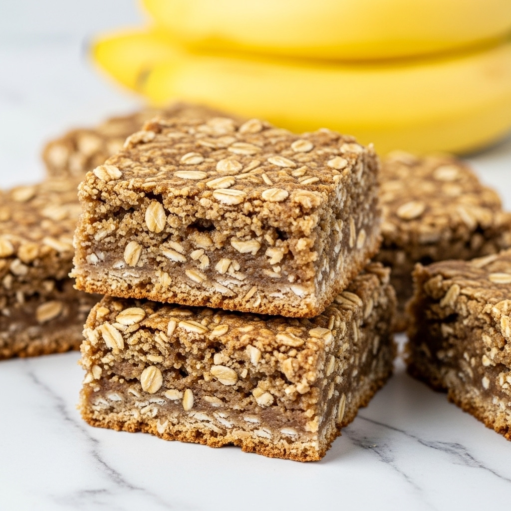 A group of three thick, square oatmeal bars with a rough and crumbly texture, showing visible oats and golden brown baked edges; one bar is stacked slightly on top of another, and the bars have a moist, dense interior with a natural, homemade look. The background is a white marbled texture with blurred yellow bananas in the back. Photo taken with an iphone --ar 4:5 --v 7