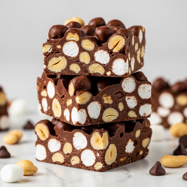 Three thick square pieces of rocky road fudge are stacked on top of each other on a white marbled surface. Each piece has a dark brown chocolate base with lots of white marshmallows and light tan nuts mixed inside, showing a rough and bumpy texture. The top piece is slightly tilted, showing the crunchy nuts and soft marshmallow chunks inside the rich chocolate. There are also some nuts and chocolate chips scattered around at the base of the stack. Photo taken with an iphone --ar 4:5 --v 7