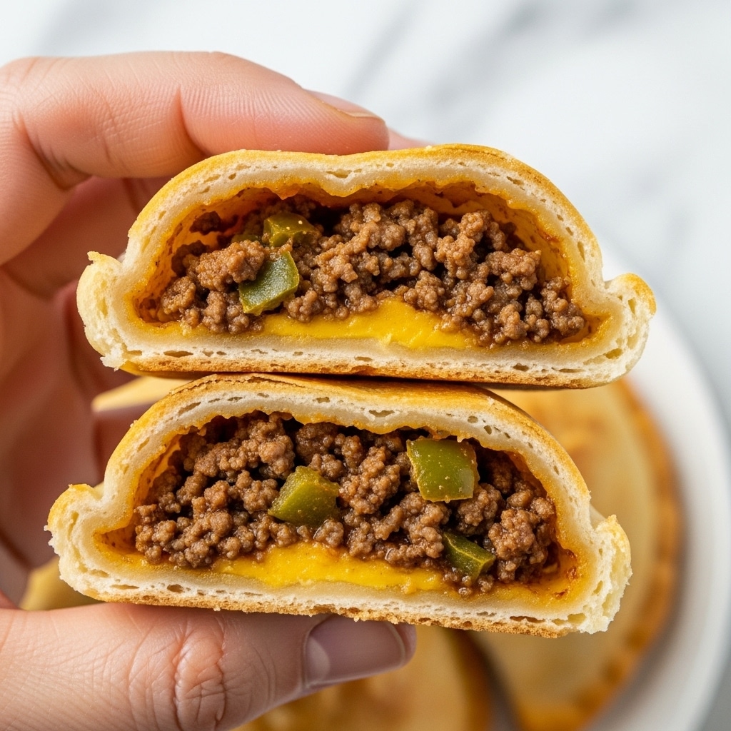 The image shows a close-up of a hand holding a savory stuffed pastry cut in half. The pastry has a golden brown outer crust with a soft, fluffy texture inside. The filling consists of ground beef mixed with small pieces of green peppers and onions, all cooked in a rich, slightly oily sauce. There is a thin layer of melted yellow cheese beneath the meat filling, adding a creamy texture. The background features a soft, white marbled texture, enhancing the warm colors of the pastry. Photo taken with an iphone --ar 4:5 --v 7